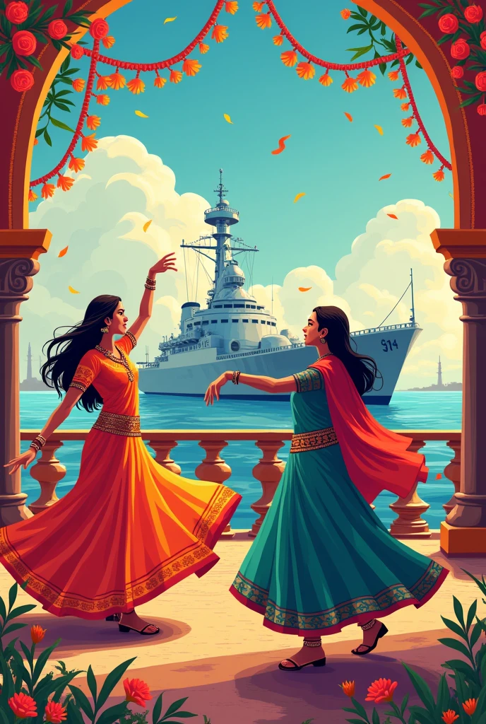 design for brochure, showing maritime connection of city of Surat, add garba dance in background, add warship in background

