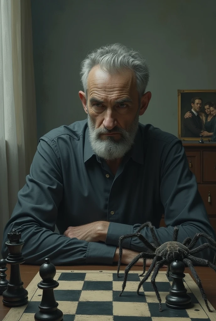 Open room with Man with schizophrenia lonely adult gray hair short hair, half closed beard that looks serious, playing chess with a single large spider In the background a small painting where he and his university friends appear.