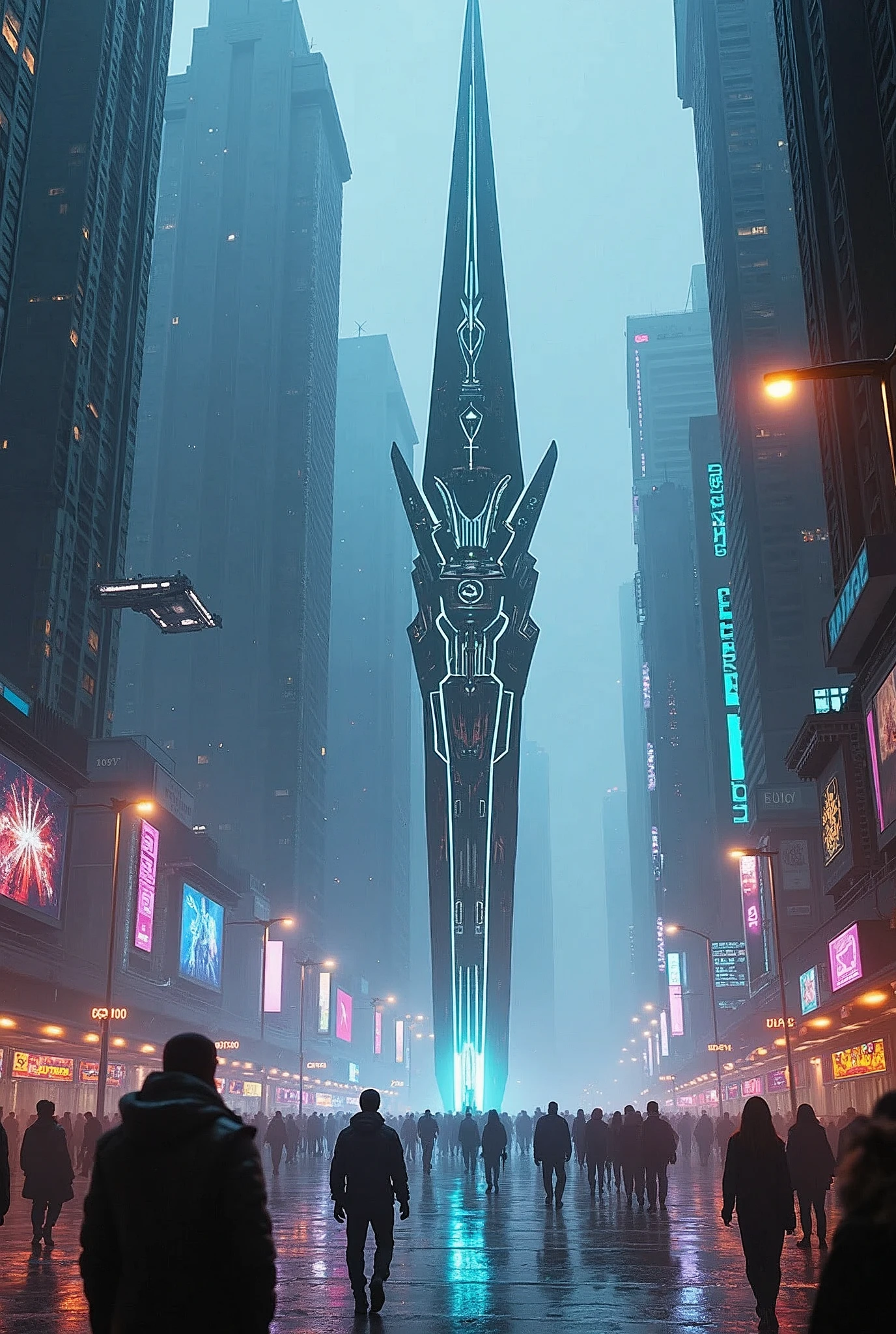 Create a breathtaking, semi-realistic image that captures the striking view of a giant futuristic spear serving as a monument in a cyberpunk science fiction city square. | Visualize the sword as a colossal, sleek, and technologically advanced relic, with glowing neon accents and intricate, futuristic engravings. The spear is embedded in the center of a bustling city square, surrounded by towering skyscrapers adorned with neon lights and holographic advertisements. The spear's is polished and reflective, with pulses of energy running through its length, symbolizing power and technological prowess. | The city square is alive with activity, featuring a mix of futuristic architecture, hovering vehicles, and vibrant street life, all illuminated by the cool, artificial glow of neon lights. The Spear stands as a central monument, representing the fusion of ancient weaponry with advanced technology in this cyberpunk world. | The composition should evoke a sense of awe and futuristic wonder, with the sword serving as both a historical relic and a symbol of the city's advanced society. The contrast between the ancient form of the spear and the high-tech urban environment enhances the scene's immersive and visually stunning qualities, making it perfect for an award-winning piece of art or a game poster.