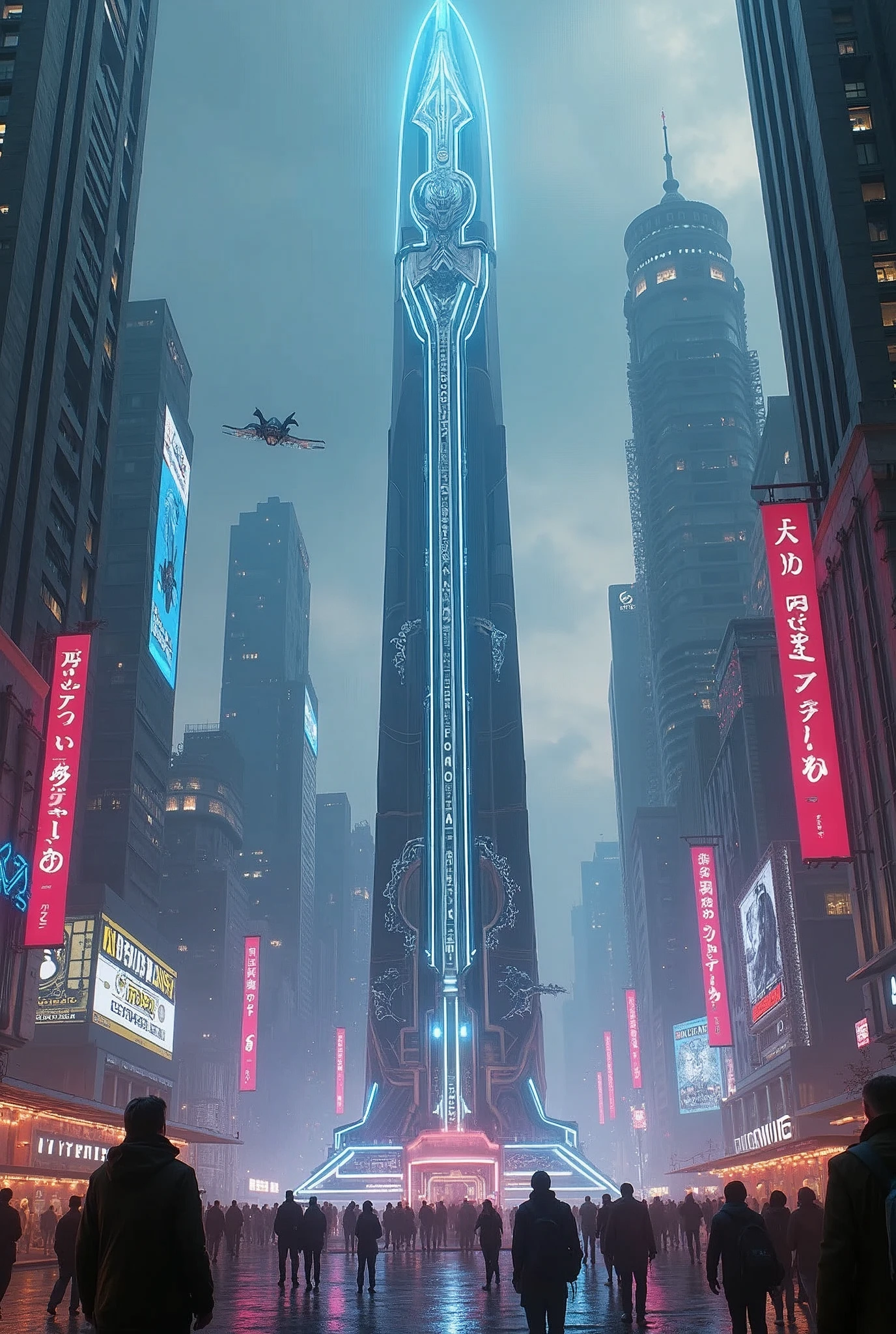 Create a breathtaking, semi-realistic image that captures the striking view of a giant futuristic spear serving as a monument in a cyberpunk science fiction city square. | Visualize the sword as a colossal, sleek, and technologically advanced relic, with glowing neon accents and intricate, futuristic engravings. The spear is embedded in the center of a bustling city square, surrounded by towering skyscrapers adorned with neon lights and holographic advertisements. The spear's is polished and reflective, with pulses of energy running through its length, symbolizing power and technological prowess. | The city square is alive with activity, featuring a mix of futuristic architecture, hovering vehicles, and vibrant street life, all illuminated by the cool, artificial glow of neon lights. The Spear stands as a central monument, representing the fusion of ancient weaponry with advanced technology in this cyberpunk world. | The composition should evoke a sense of awe and futuristic wonder, with the sword serving as both a historical relic and a symbol of the city's advanced society. The contrast between the ancient form of the spear and the high-tech urban environment enhances the scene's immersive and visually stunning qualities, making it perfect for an award-winning piece of art or a game poster.
