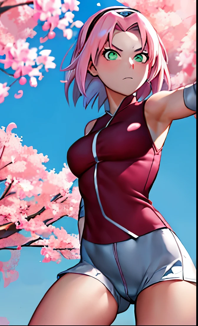 haruno sakura, naruto \(series\), naruto shippuuden, anime art style, masterpiece,
looking at viewer, upper body,
fighting pose, clenched hands, closed hands, contracted fingers, arm stretched out, raised fist, about to punch, detailed fist, focus fist,
red shirt, shirt, short hair, sleeveless, sleeveless shirt, forehead protector, hairband, konohagakure symbol on hairband, ((bare thighs)),
1girl, solo, bangs, breasts, closed mouth, elbow sleeve, eyes visible through hair, floating hair, foreshortening, green eyes, hair intakes, parted bangs, pink hair, small breasts, v-shaped eyebrows, detailed background, outdoor, cherry blossoms, sky, cloud, wind, day, sunlight, ((large breasts))