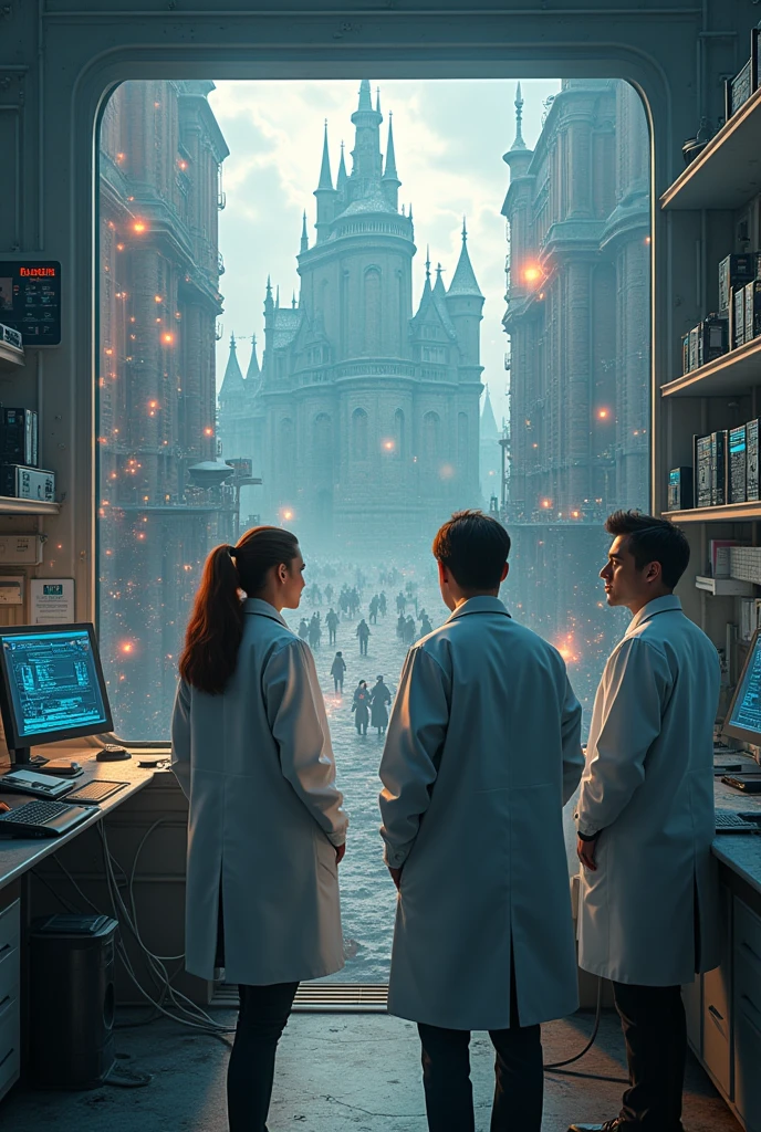 Make the image look like a video game.
Description: group of scientists one woman and two lab. They see quantum computers and , something goes wrong. The screen flickers and begins to show images from the Middle Ages superimposed on the modern city.. Nexus loses control, and the laboratory is absorbed by the distortion.
Dialogue: "Something went wrong! Nexus is not responding… It is merging realities!"