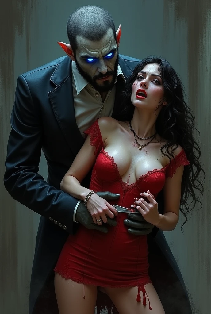 The man with glowing blue eyes stab a hot sexy girl chest in red mini dress blood coming out
She feel in man hands