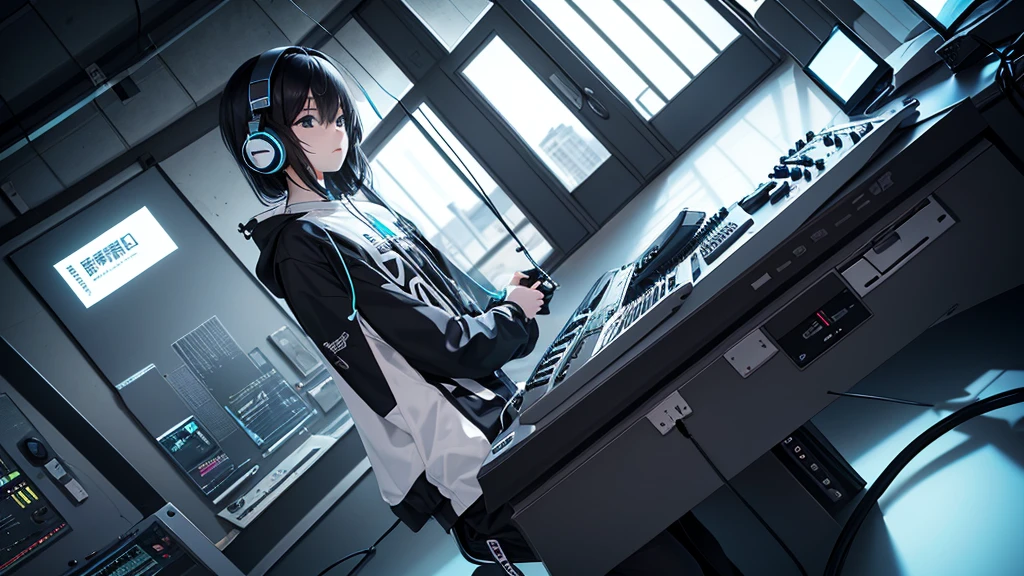 「design concept:
Mixer console in the background、The headphones are placed in the center on the front。
The mixer console represents a professional music production environment.、We aim for realistic and precise depiction of every detail.。Buttons and faders are clearly visible、Use light reflections and shadows effectively、Creates a three-dimensional effect。
The headphones on the front have a simple and modern design.、The softly curved cable hangs naturally over the mixer.。The headphones come in black or dark metal.、Gives a cool and elegant impression。
The overall color、Based on cool blue and green、Use a dark grey or black background。This、Creates a professional and sophisticated atmosphere。
Keep the background clean、Designed to highlight the mixer console and headphones。Emphasizes the contrast between light and shadow、The aim is to give an energetic yet calm impression.。」