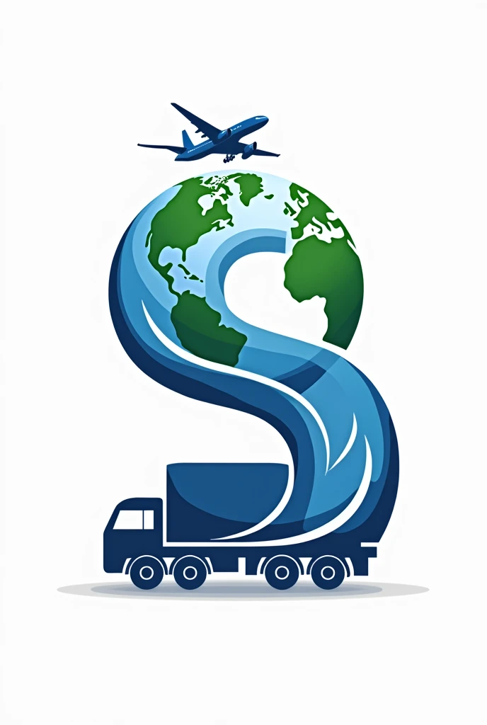 Create a logo of a planet Earth supported by a transport truck that has a blue letter S with a thick white outline inverted on the left side of the planet and a letter S on the right side of the planet making a mirror effect to the first one and above the planet an airplane