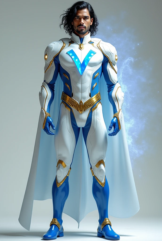 Create Indian-origin a Male superhero with a rich cultural background.Appearance:Suit: A high-tech, form-fitting suit primarily in pearl white, symbolizing purity and strength. Crystal blue accents run along the suit, highlighting the superhero's agility and energy.Boots: Crystal blue boots, designed for both combat and speed.Gloves: Pearl white gloves with golden detailing, representing nobility and power.Chest Symbol: A bold "V" symbol in crystal blue at the center of the chest, symbolizing the superhero's identity and values.Hair: low faded haer dark, wavy hair that complements the suit’s colors).Eyes: [Insert Eye Color] (e.g., piercing blue eyes that match the suit's crystal blue accents).Powers & Abilities:Primary Powers: [Insert Powers] (e.g., superhuman strength, speed, and the ability to harness energy).Technology: The suit is infused with advanced technology, allowing the superhero to enhance their physical abilities and access a variety of tools and weapons.Cultural Ties: Draws upon ancient Indian mythology or spiritual energy, giving them a unique edge in battle.