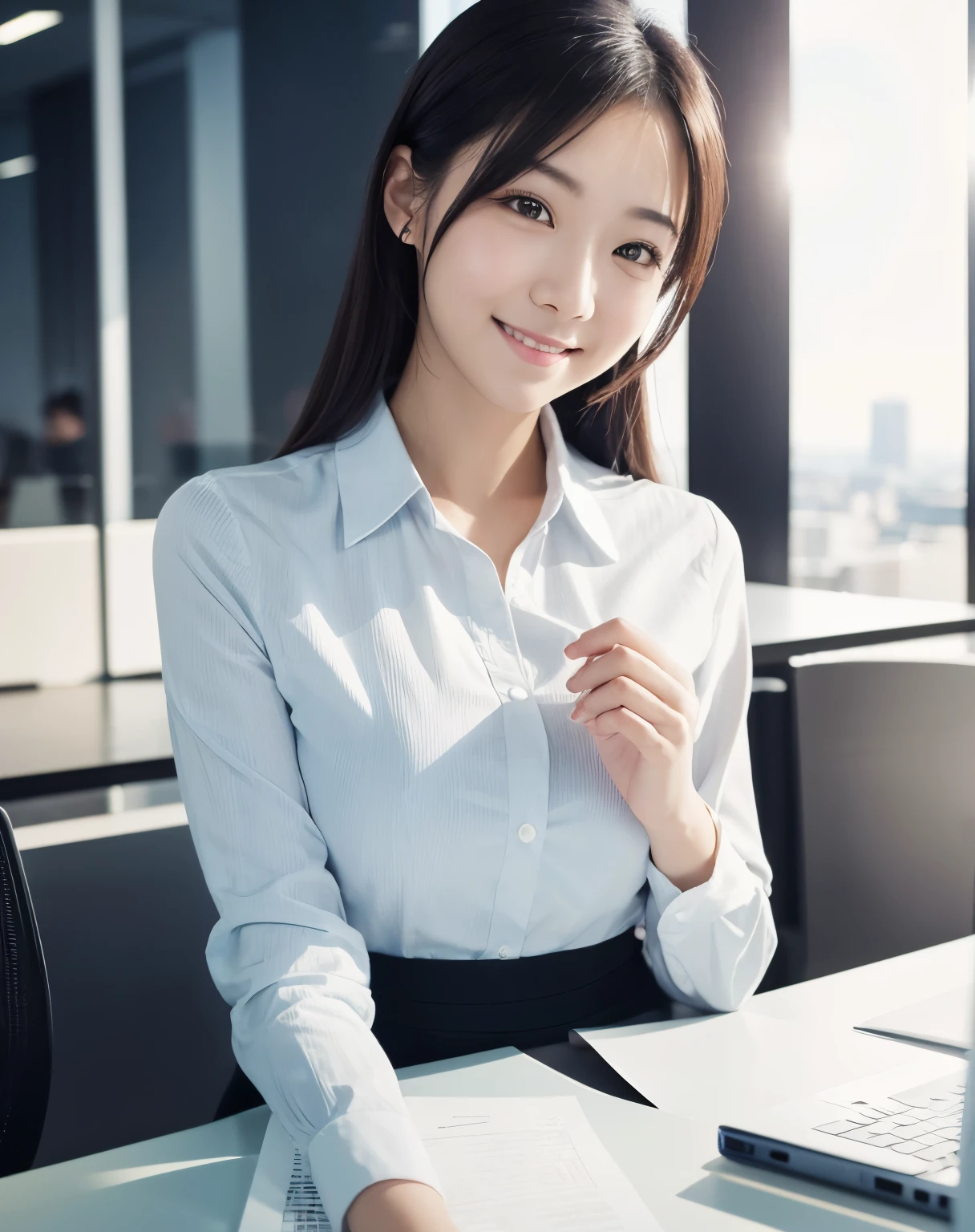 (elevation)（Ultra-high resolution）（masterpiece）（Textured skin）（Very detailed）（high quality）（最high quality）（First Person View）(16K )office lady,1 person,Cute Woman,smile
