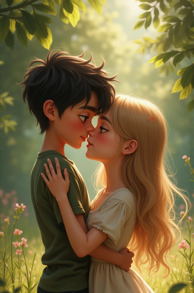A boy and girl kissing