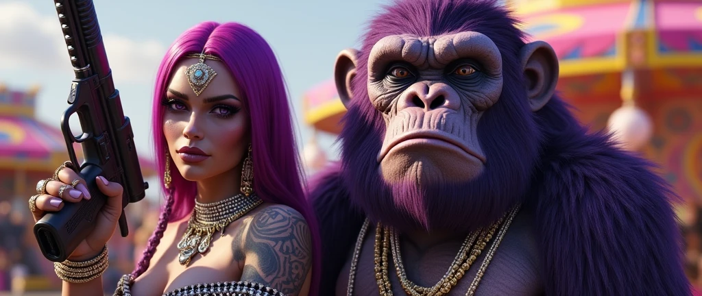 1 purple female ape and 1 purple ape, With giant and high-caliber weapons, with gangster SUIT with chains, tattooed, with huge diamond and gold rings, smoking with a pipe, at an Indian fair