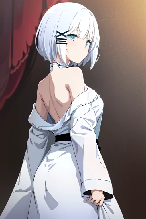 masterpiece, best quality, high quality, highres, official art, explicit, extremely detailed, ultra detailed, absurdres, very aesthetic, perfect composition, (front view:1.2), (siesta, blue eyes, short hair, white hair, hairclip, x hair ornament, bangs), (kimono, from behind, off shoulder, shoulder blade), (undressing:1.3)