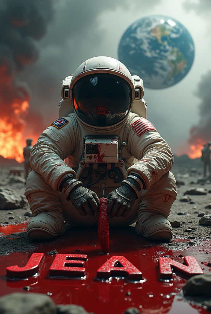 an image of a blood-soaked astronaut with a knife sitting on some letters that say "Jean" bathed in blood and watching as the earth is destroyed