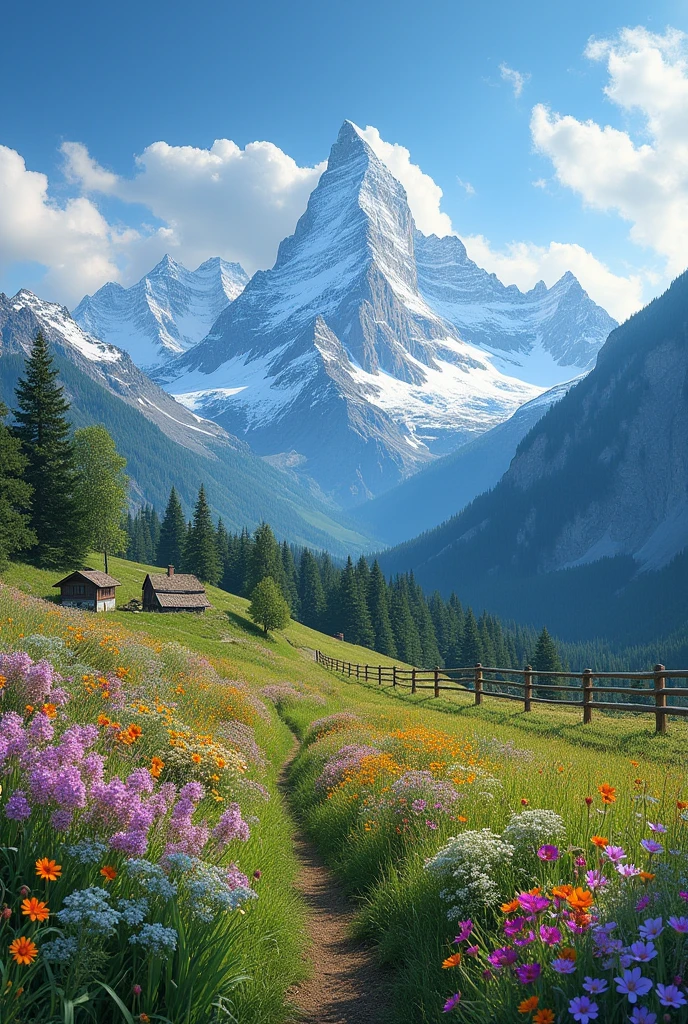 The image is a landscape photograph of a beautiful mountain range. The sky is blue with white clouds scattered across it. The mountains are covered in snow and the peaks are visible in the distance. In the foreground, there is a field of colorful wildflowers with a wooden fence in the center. A small cabin can be seen in the background. The overall mood of the image is peaceful and serene.