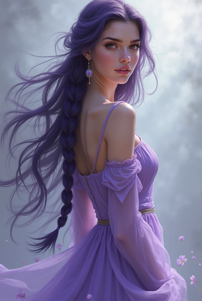 She is around eighteen or nineteen years old. She has long purple braided hair. She has a small mole under her right eye at the end of her eyebrow. She is wearing a purple dress. She has a medium-sized chest, a thin waist, and her butt is also medium-sized.