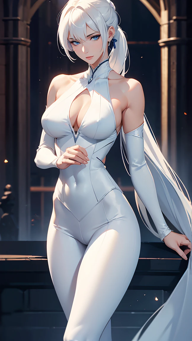Elegant mature woman, slender slim body, medium size breasts, white hair, long ponytail, bangs, blue eyes, bare shoulder, long leggings, fantasy, medieval, 4k resolution, high quality, (Nude:0.8)
