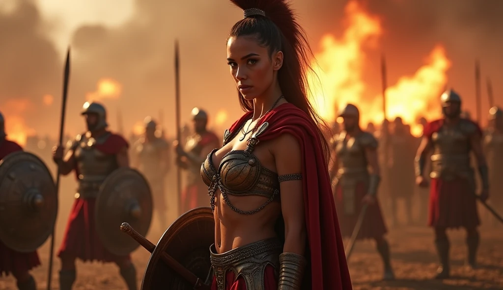 a gorgeous 23-year-old Spartan warrior woman,extremely detailed face and body,beautiful detailed eyes,beautiful detailed lips,longeyelashes,intricate armor,sword in hand,shield in hand. greek city in flames,pillaging and destruction,dramatic lighting,cinematic composition,ultra-realistic,8k,highres,masterpiece,photo-realistic