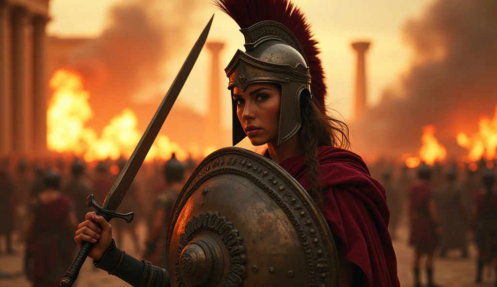 a gorgeous 23-year-old Spartan warrior woman,extremely detailed face and body,beautiful detailed eyes,beautiful detailed lips,longeyelashes,intricate armor,sword in hand,shield in hand. greek city in flames,pillaging and destruction,dramatic lighting,cinematic composition,ultra-realistic,8k,highres,masterpiece,photo-realistic