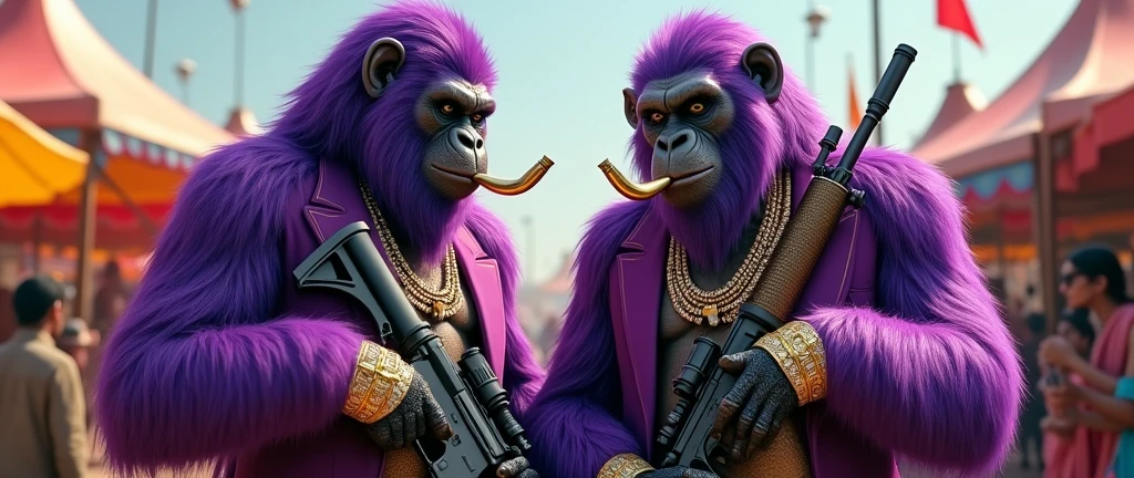 1 long-haired purple female ape and 1 purple ape, With giant and high-caliber weapons, with gangster SUIT with chains, tattooed, with huge diamond and gold rings, smoking with a pipe, at an Indian fair