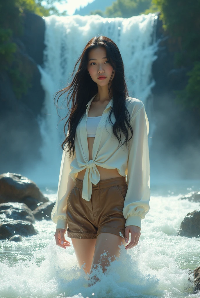 full lebght hiper 4k young woman, and a beautiful, sweet face, black hair, and a beautiful, sweet face, long black hair, in a white top, wearing a white long-sleeved shirt over it and wearing brown shorts, playing in a waterfall, the water is about as deep as the young woman's chest, swimming, the beauty that splashes down from a high cliff, there is a mountain stream, the atmosphere is cool and refreshing, glowing and sparkling, beautiful, oil painting, three-dimensional painting, art painting, Professor Chalermchai