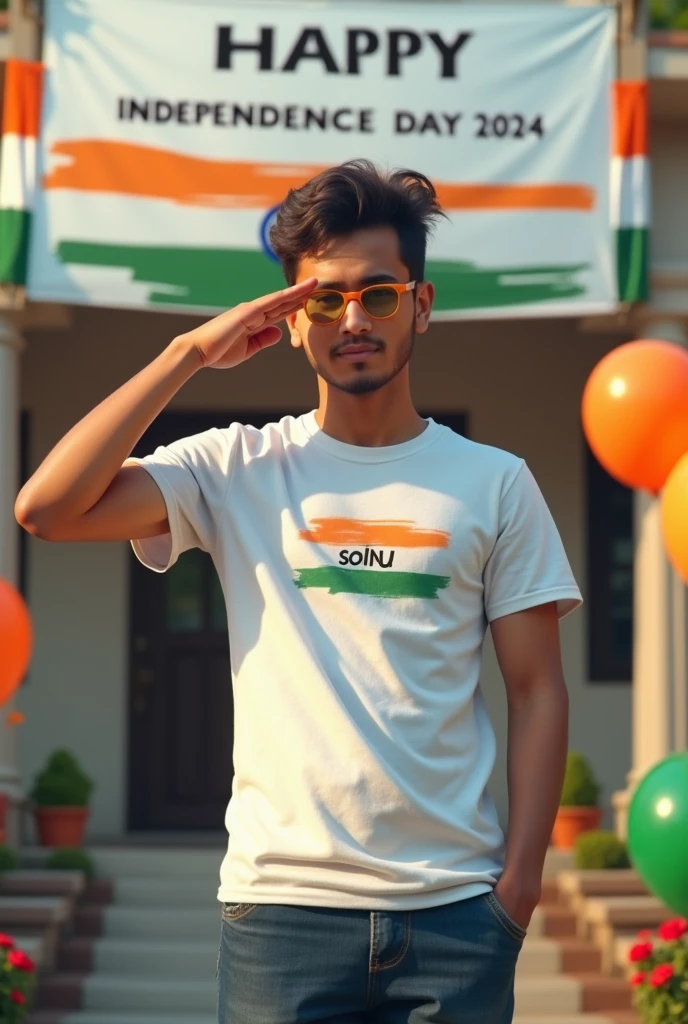 A real 20 year old boy , wearing a white "sonu" name with flag T-shirt stands in front of a house decorated with Indian flags and tricolor balloons, saluting for an upcoming Independence Day celebration. The house has a large banner that reads "HAPPY INDEPENDENCE DAY 2024 and make sure text should be correct.