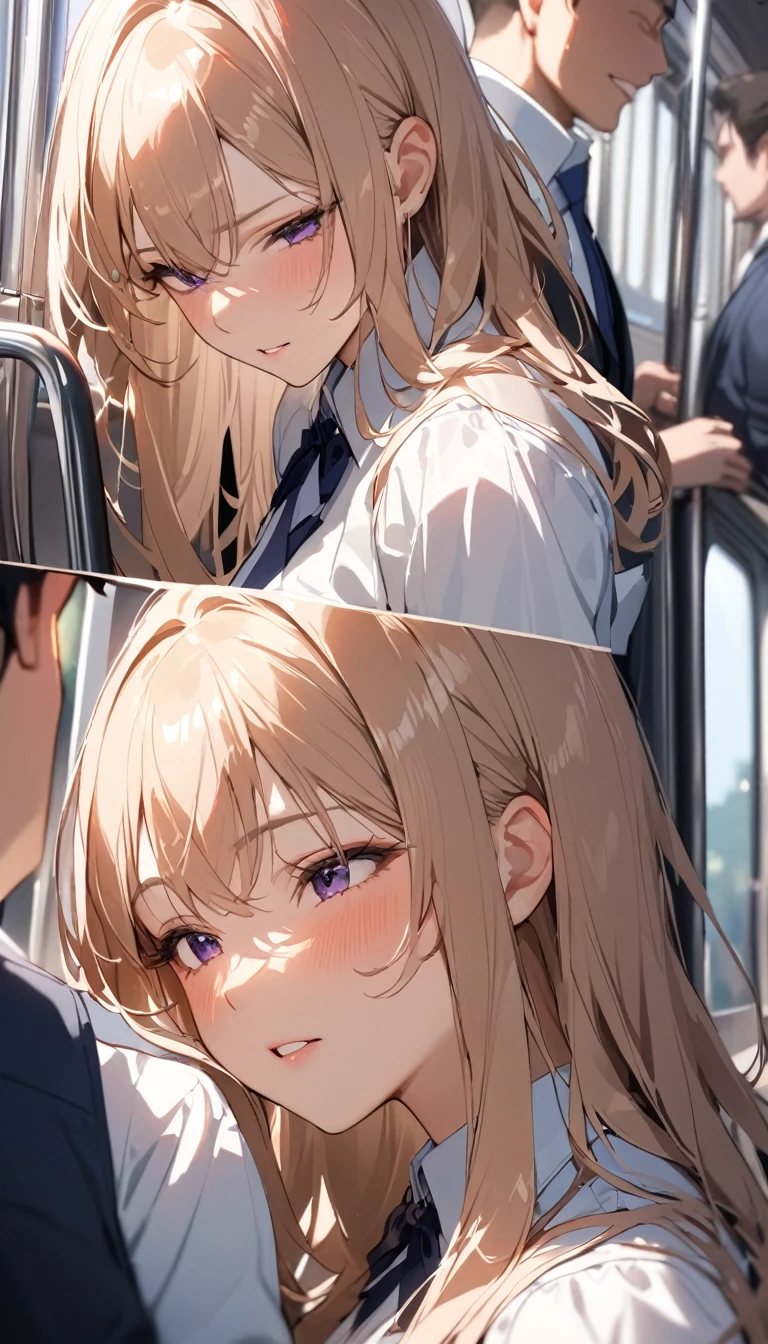 masterpiece,Highest quality,8k,Inside the train,Close Contact,During busy times,1 Female,Close-up of face,Bold Pose,Big behavior,Shiny hair,Glossy skin,Japanese idol model,