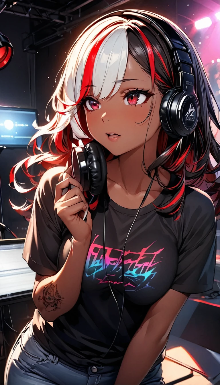 (highest quality:1.2, Very detailed, up to date, Vibrant, Ultra-high resolution, High Contrast, masterpiece:1.2, highest quality, Best aesthetics), Portraiture、girl、singer、Bright colors、Beautiful fine details、Beautiful lip detail、midium wave hair、red and white ((streaked hair:1.6)), highlights hair: 1.5, red eyes, (slim:1), medium breast, (tan skin:1.1), t-shirts and old jeans、loose fit, wearing headphone, vocal recording, singing, (right hand holding mike stand:1), (Floral Fineline tattoo design on left arm:1), ((mike stand)), Powerful vocals、Rock star aura、recording studio, vocal recording booth:1