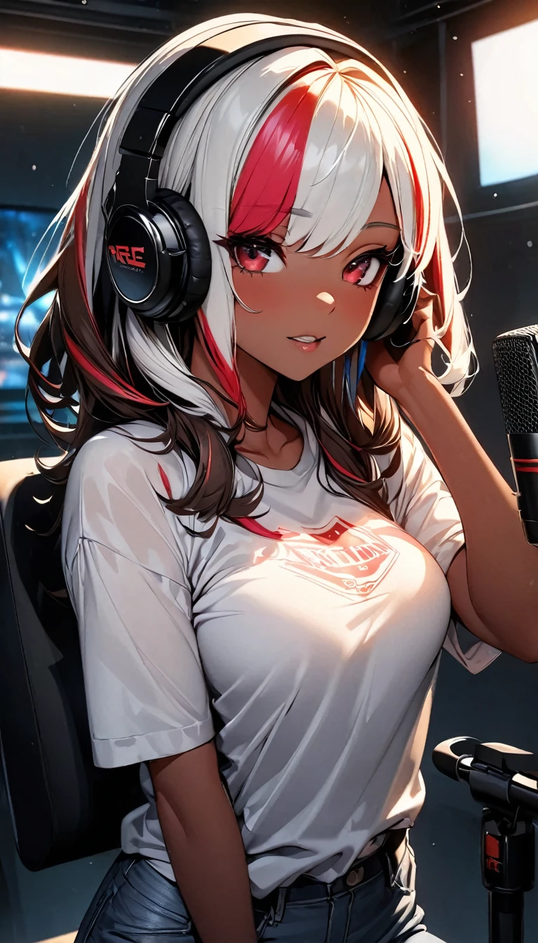 (highest quality:1.2, Very detailed, up to date, Vibrant, Ultra-high resolution, High Contrast, masterpiece:1.2, highest quality, Best aesthetics), Portraiture、girl、singer、Bright colors、Beautiful fine details、Beautiful lip detail、midium wave hair、red and white ((streaked hair:1.6)), highlights hair: 1.5, red eyes, (slim:1), medium breast, (tan skin:1.1), t-shirts and old jeans、loose fit, wearing headphone, vocal recording, singing, (right hand holding mike stand:1), (Floral Fineline tattoo design on left arm:1), ((mike stand)), Powerful vocals、Rock star aura、recording studio, vocal recording booth:1