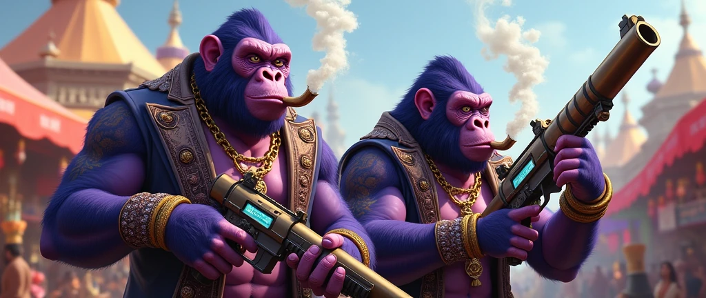 1 purple female ape and 1 purple ape, With giant and high-caliber weapons, with gangster SUIT with chains, tattooed, with huge diamond and gold rings, smoking with a pipe, at an Indian fair