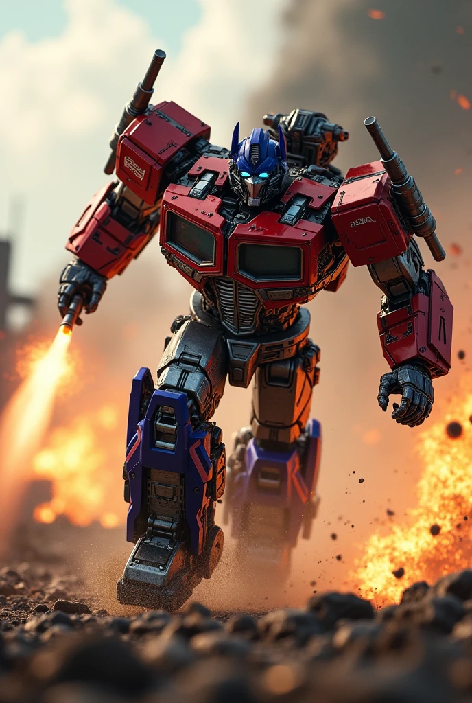 a highly detailed and realistic Optimus Prime robot. Hulk buster, very detail. High tech.extremely dynamic and energetic pose.Transformers galaxy force. Galaxy convoy. running and jumping through a war-torn battlefield, firing a bazooka. Big on his back engaged in an intense battle with Megatron, cinematic tilt-shift photography effect, hyper-detailed, 8k, photorealistic, dramatic lighting, vivid colors, industrial sci-fi, best quality. Very epic. Ashes everywhere. Ember. Michael bay. Travis knight. Hasbro. Takara tomy.