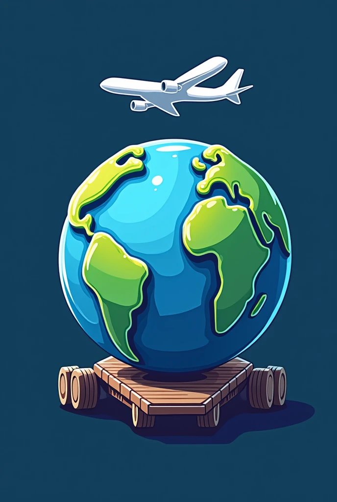 Create a logo of a planet Earth supported by a transport truck that has a blue letter S with a thick white outline inverted on the left side of the planet and a letter S on the right side of the planet making a mirror effect to the first one and above the planet an airplane