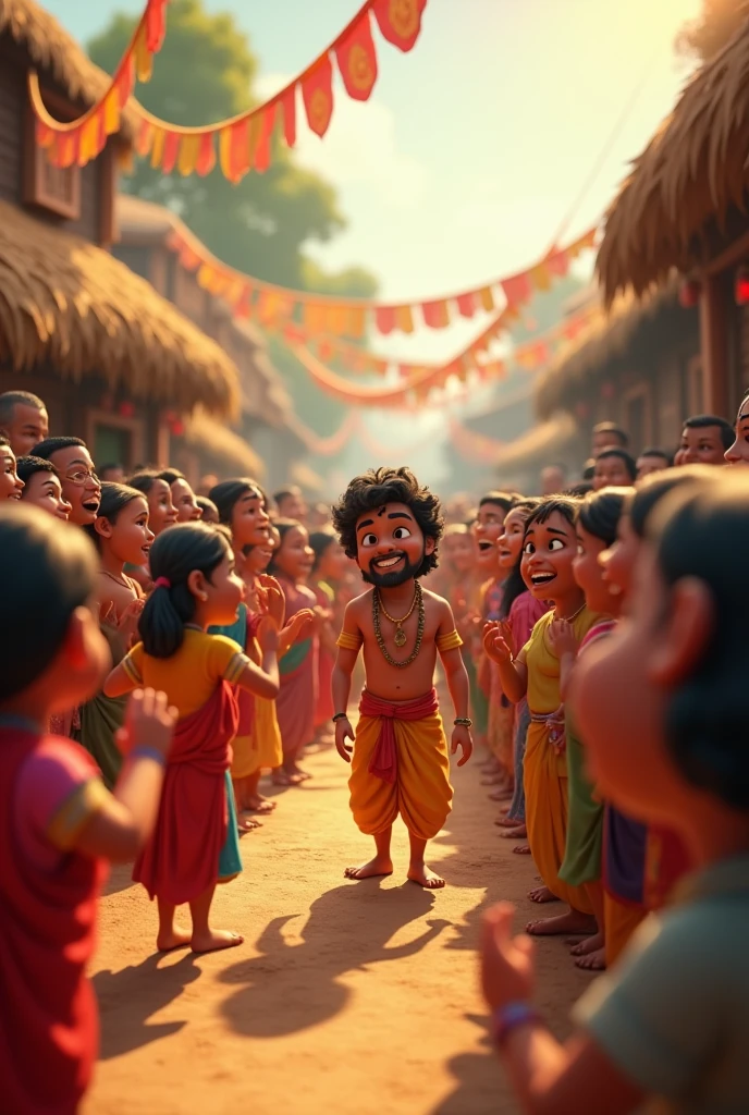 In 3d animation style " Villagers happily celebrating and thanking Mohan and his friends.