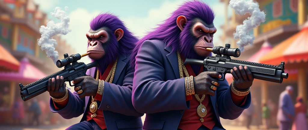 1 long-haired purple female ape and 1 purple ape, With giant and high-caliber weapons, with gangster SUIT with chains, tattooed, with huge diamond and gold rings, smoking with a pipe, at an Indian fair 