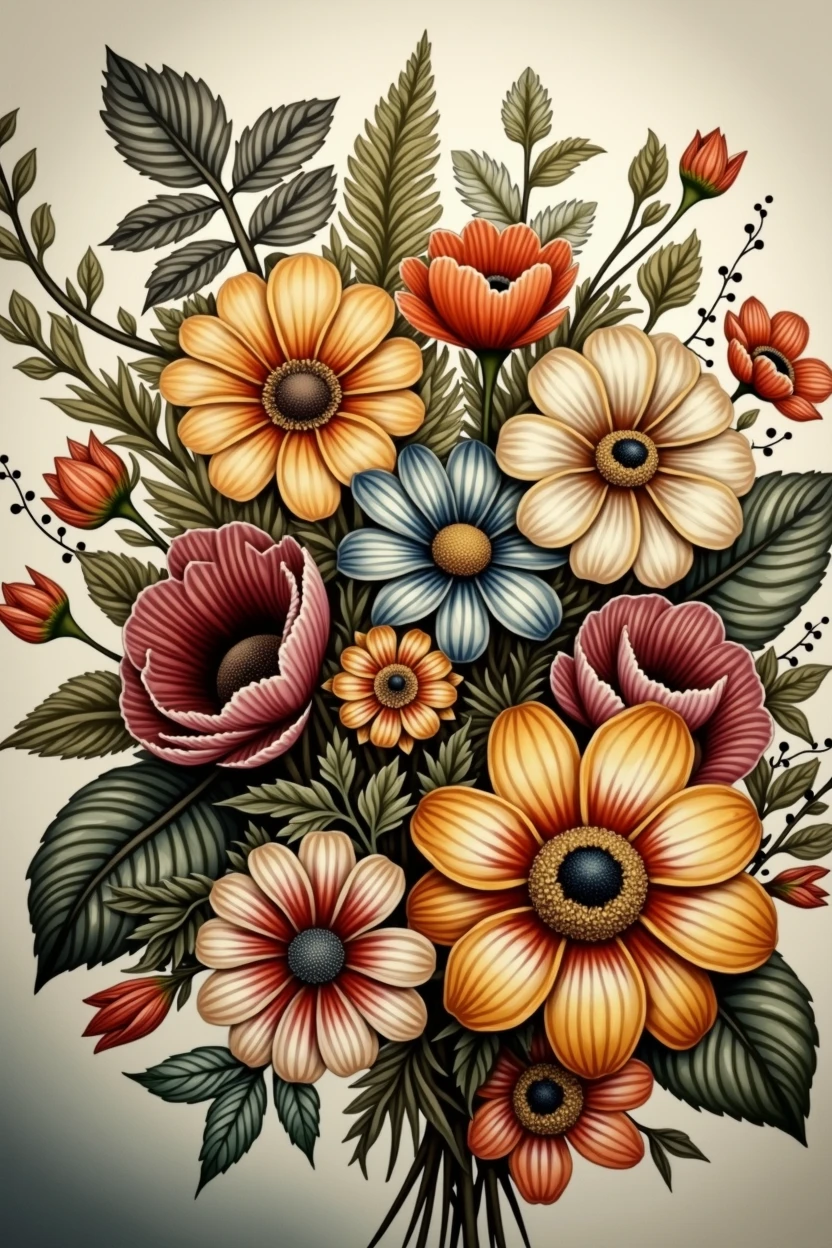 lush bright flowers on a light background, flowers with brightly outlined petals and leaves are gathered in a large bouquet