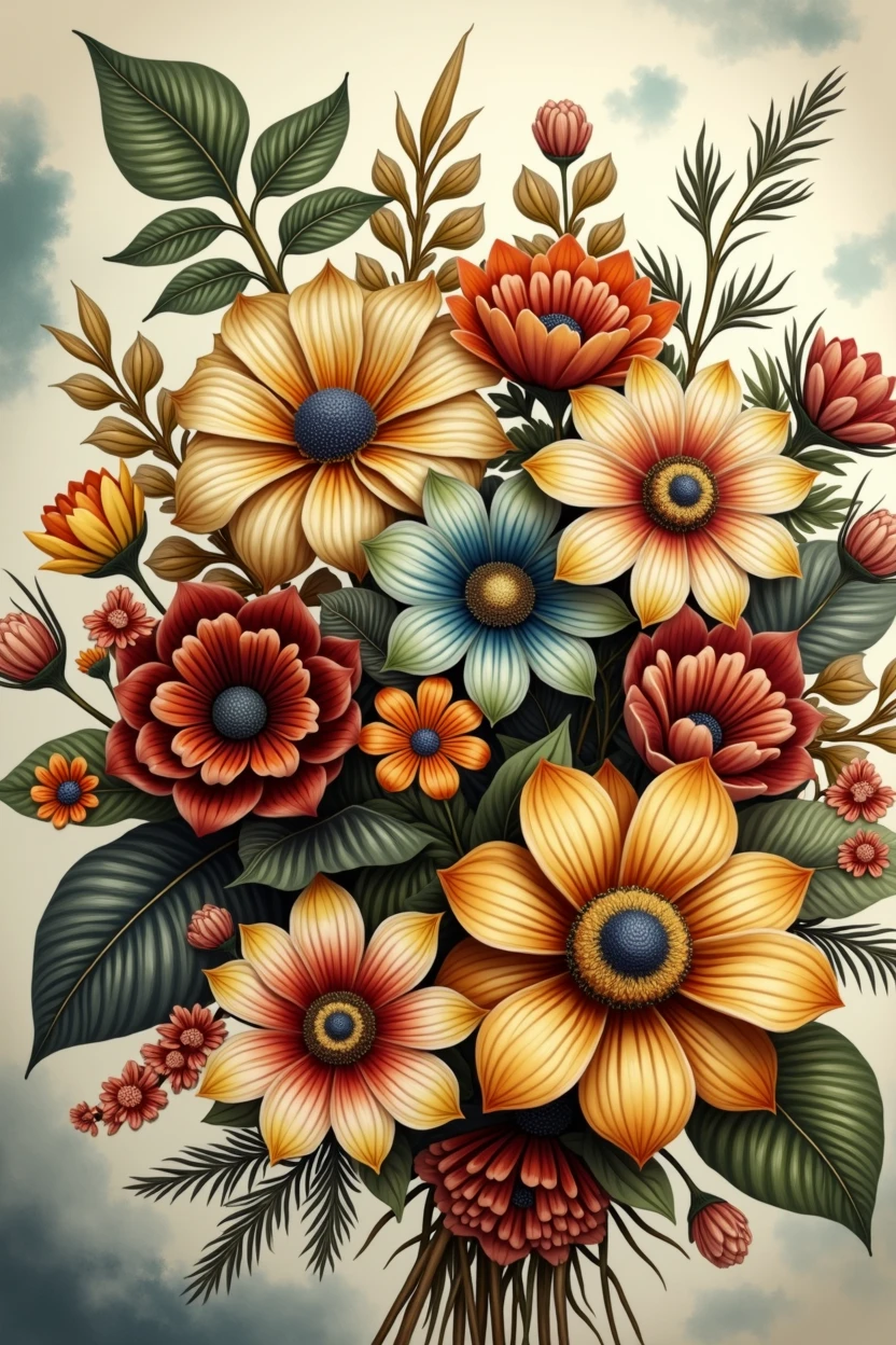 lush bright flowers on a light background, flowers with brightly outlined petals and leaves are gathered in a large bouquet