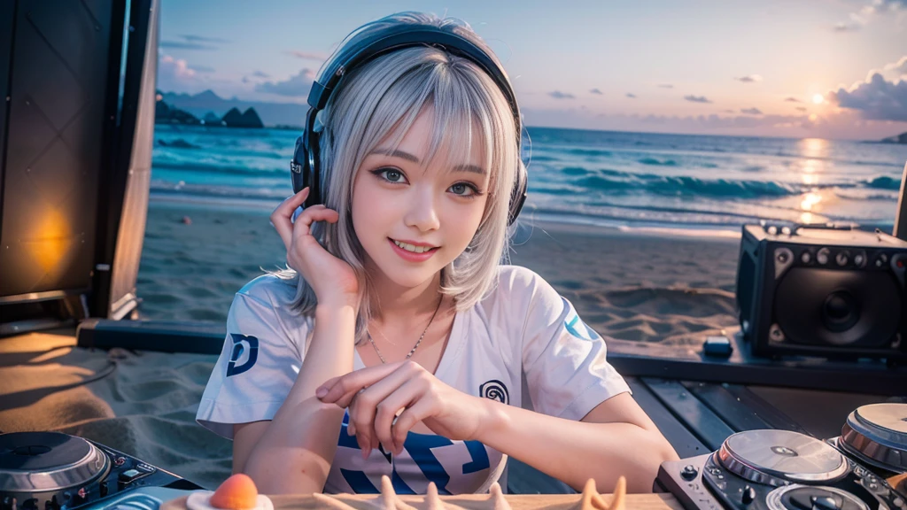 (ultra - detailed, 16K resolution, Cinema lenses, rendering by octane), (high resolution:1.18), intricate detail, (masterpiece:1.1), (highest quality:1.1), (1girl, portrait, white hair, blue eyes, short hair, detailed eyes),Wearing silver DJ headphones, sequined T-shirt, (in the beach:1.5), (Iconic hip-hop pop costumes:1.3), Smile while DJing on stage, DJ studio next to the beach, ((A stylish DJ stage on a hill overlooking the beach)), full body shot, Photorealistic photography by Sunshine, (cute round face:1.3), perfect fingers, five fingers, beautiful hands, perfect hands. master peace, cute smile, Fixhand.