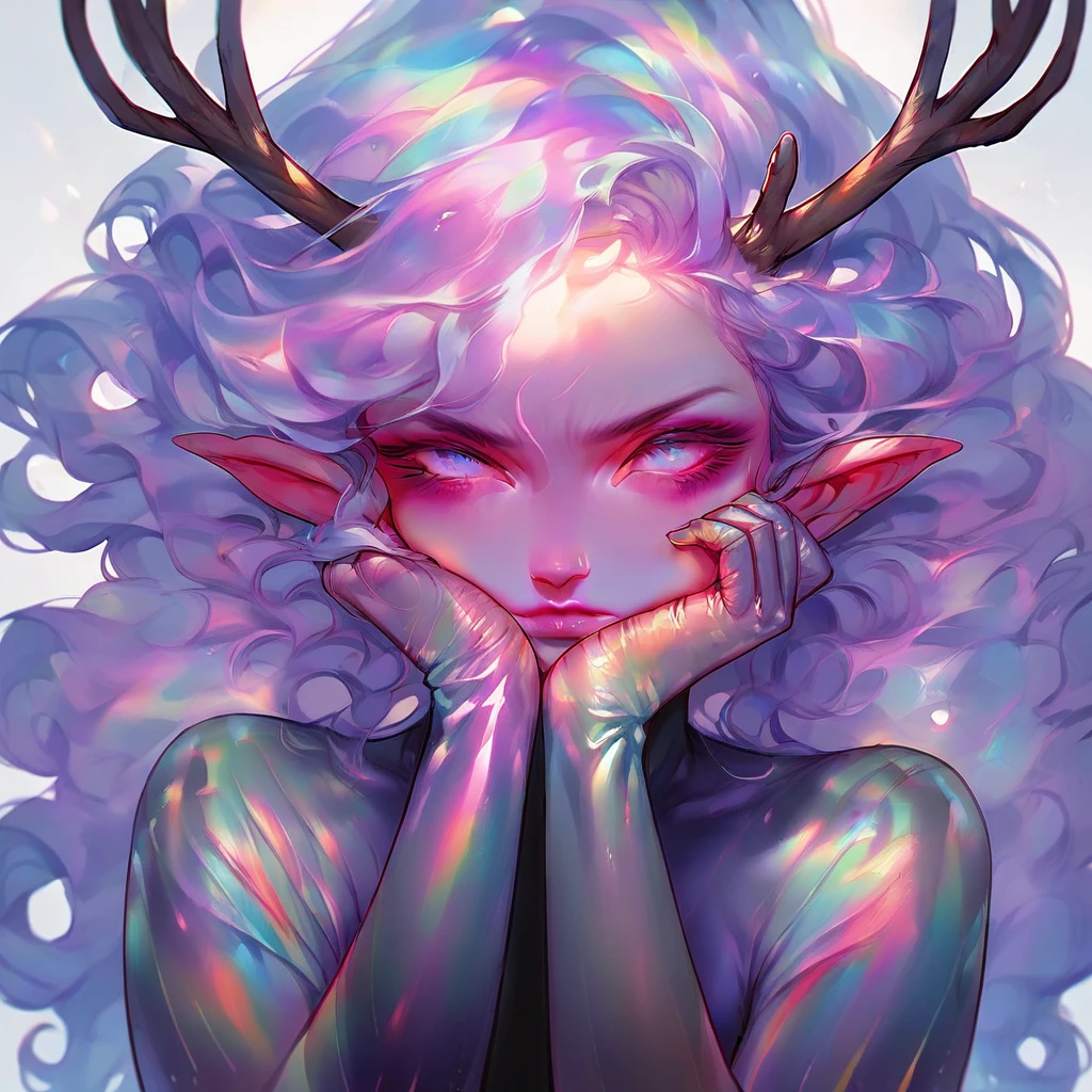 score_9, score_8_up, score_7_up, score_6_up, bg4, fierce Jackalope, antlers, short hair. purple black and fuchsia, iridescent