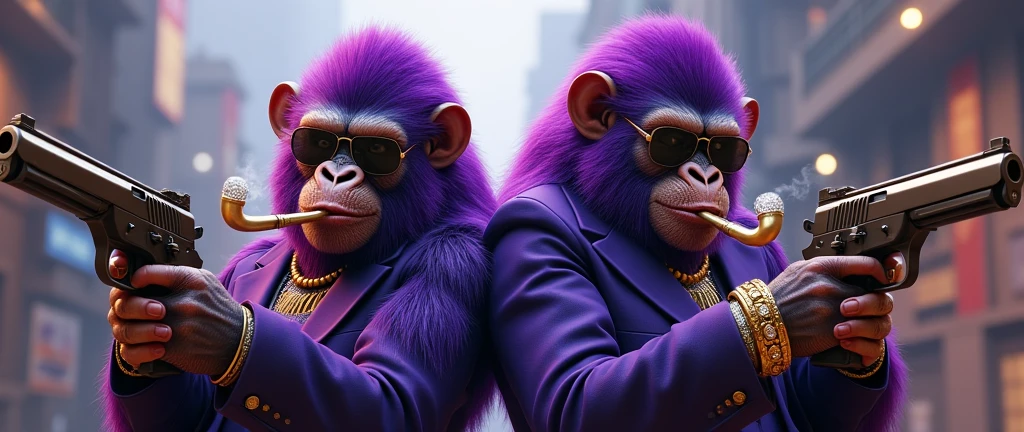 1 purple female ape and 1 purple ape, With giant and high-caliber weapons, with gangster SUIT with chains, tattooed, with huge diamond and gold rings, smoking with a pipe