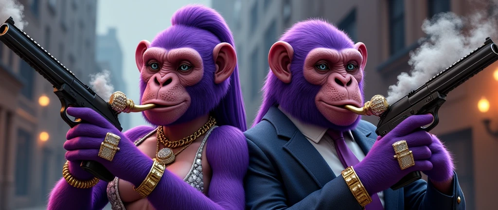 1 purple female ape and 1 purple ape, With giant and high-caliber weapons, with gangster SUIT with chains, tattooed, with huge diamond and gold rings, smoking with a pipe