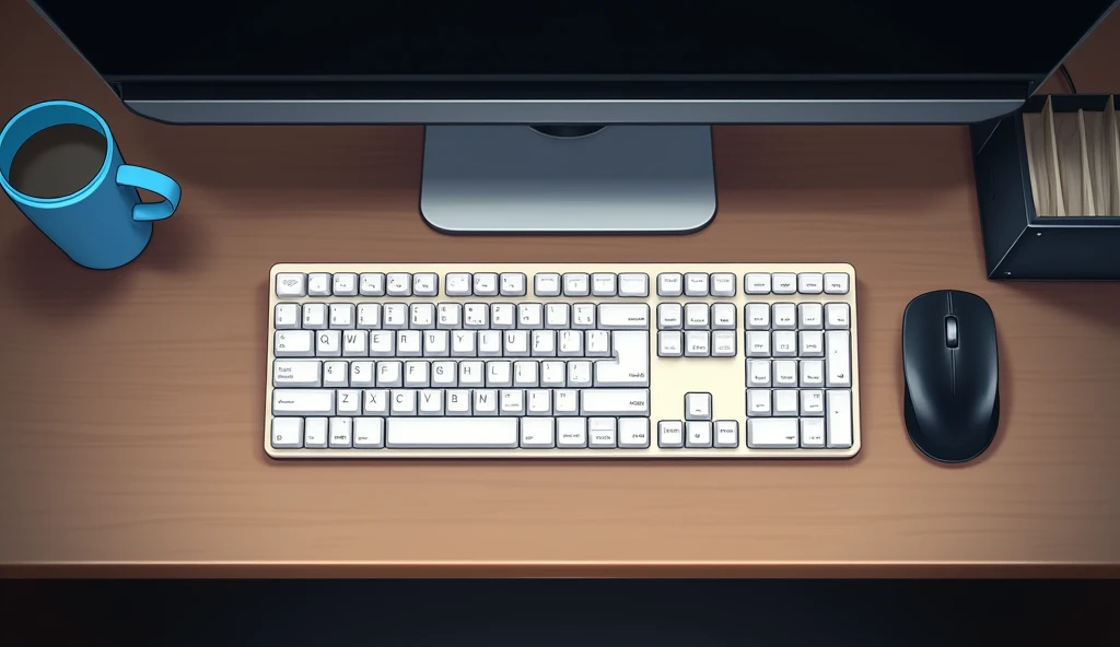 White keyboard,Black Mouse,Light blue mug,Wooden desk,dark,Aerial view anime style, High resolution, 