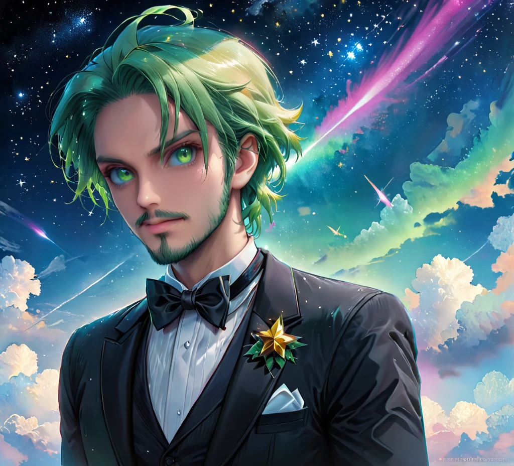 A man starring as beetlejuice,1boy, aurora, black bow, black bowtie, bow, bowtie, facial hair, formal, sharp eyes, green eyes, green hair, male focus, night, night sky, realistic, shooting star, sky, solo, space, sparkle, star (sky), starry sky, suit, tuxedo, wlop, guweiz, meitu, (looking at the sky)