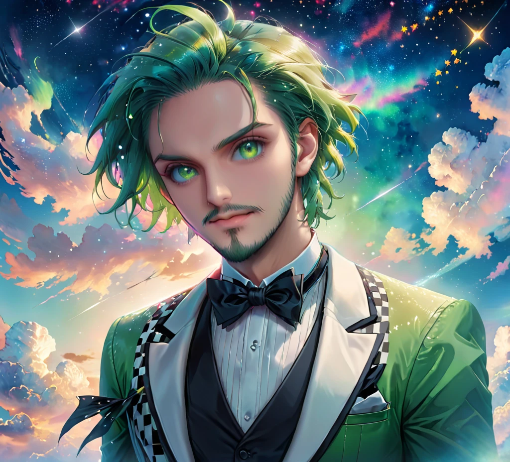 A man starring as beetlejuice,1boy, aurora, black bow, black bowtie, bow, bowtie, facial hair, formal, sharp eyes, green eyes, green hair, male focus, night, night sky, realistic, shooting star, sky, solo, space, sparkle, star (sky), starry sky, suit, tuxedo, wlop, guweiz, meitu, (looking at the sky)