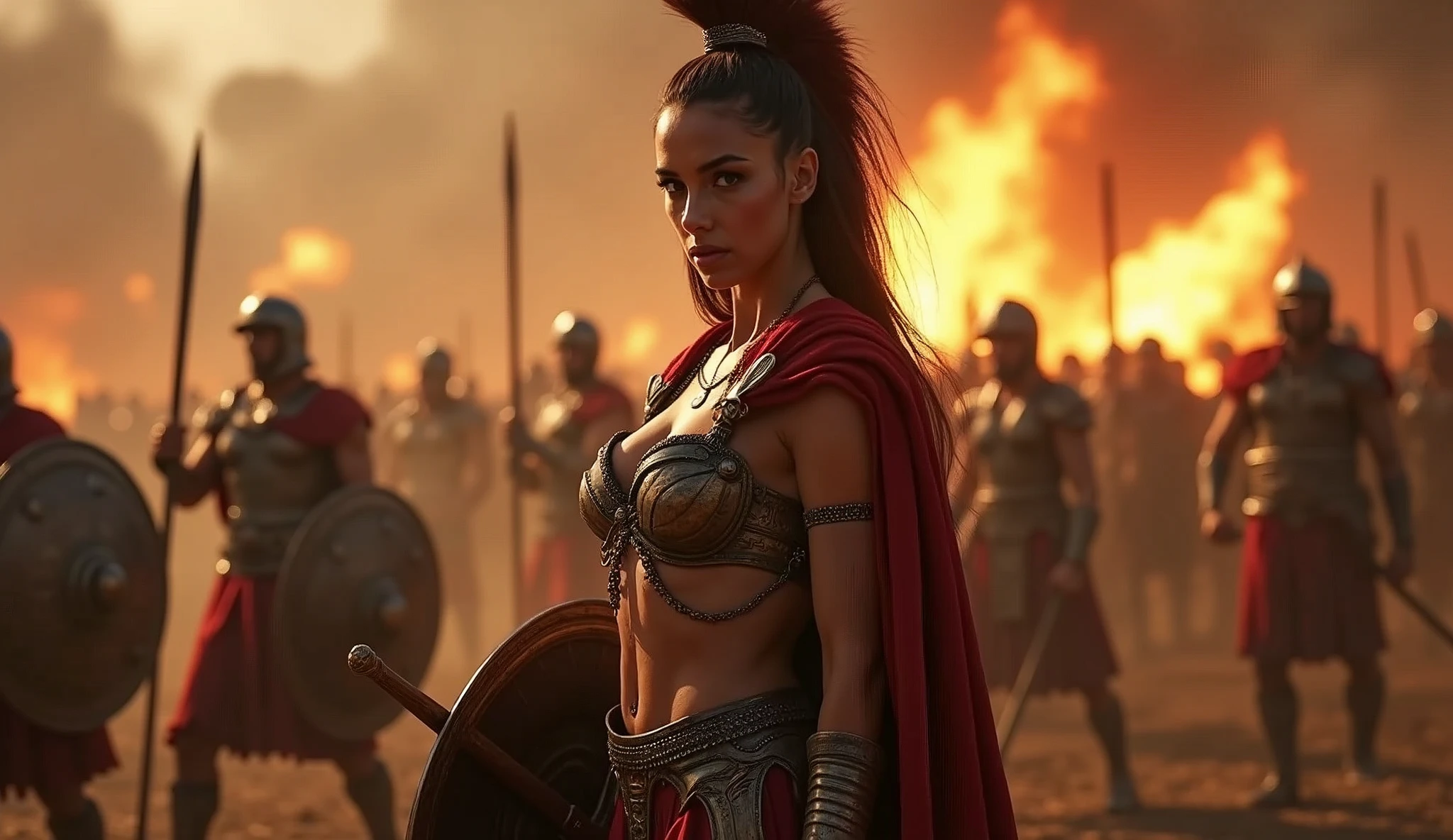 a gorgeous 23-year-old Spartan warrior woman,extremely detailed face and body,beautiful detailed eyes,beautiful detailed lips,longeyelashes,intricate armor,sword in hand,shield in hand. greek city in flames,pillaging and destruction,dramatic lighting,cinematic composition,ultra-realistic,8k,highres,masterpiece,photo-realistic