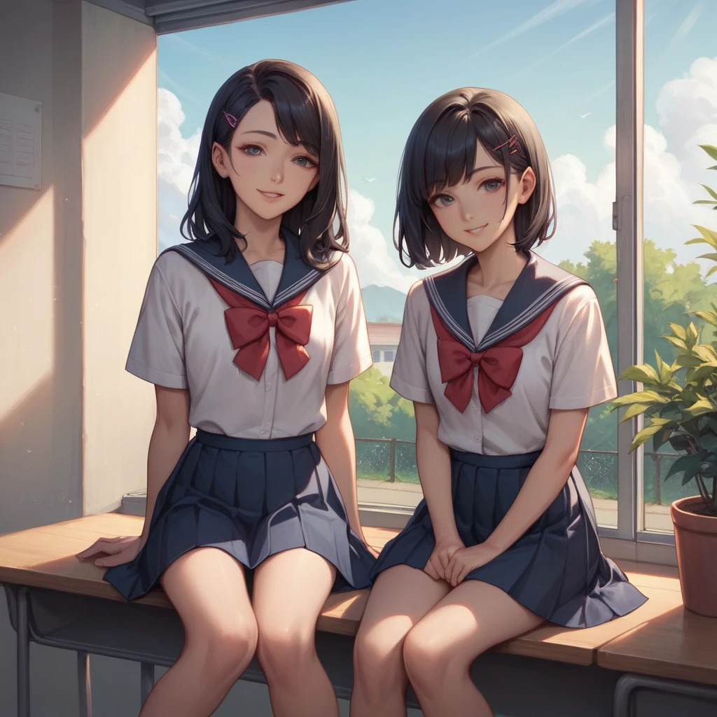 (masterpiece,highest quality,Perfect Anatomy,Exquisite detailed)young girl,glamorous(breasts:0.1)black hair,medium hair,chignon,center part,barrette,school uniform,smile,day,sitting,school,shoot fromabove