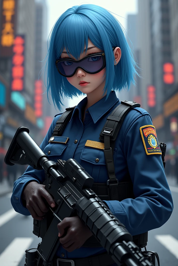 A blue-haired police officer wearing goggles holds a gun