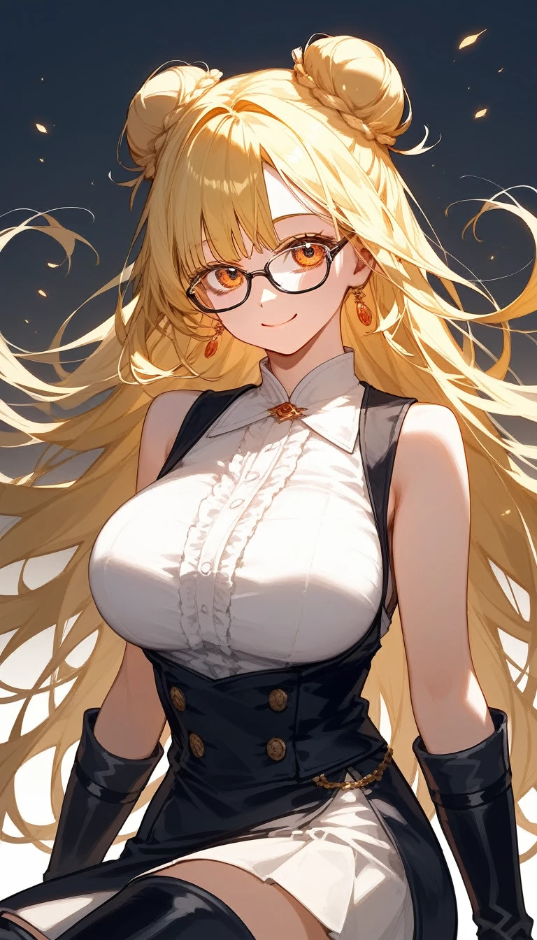 masterpiece, Score_9, Score_8_up, Score_7_up, front view, 1 woman, alone, yellow hair, long hair, no open bangs, long hair tied into a neat high bun, with a few strands of hair loose in the front for a relaxed and elegant impression, eyes orange, beautiful eyes, detailed eyes, narrow eyes, smiling mouth, no expression, smooth skin, wearing glasses, big breasts, cool white short shirt, white sleeveless shirt, black short skirt, best quality, black boots, almost body.