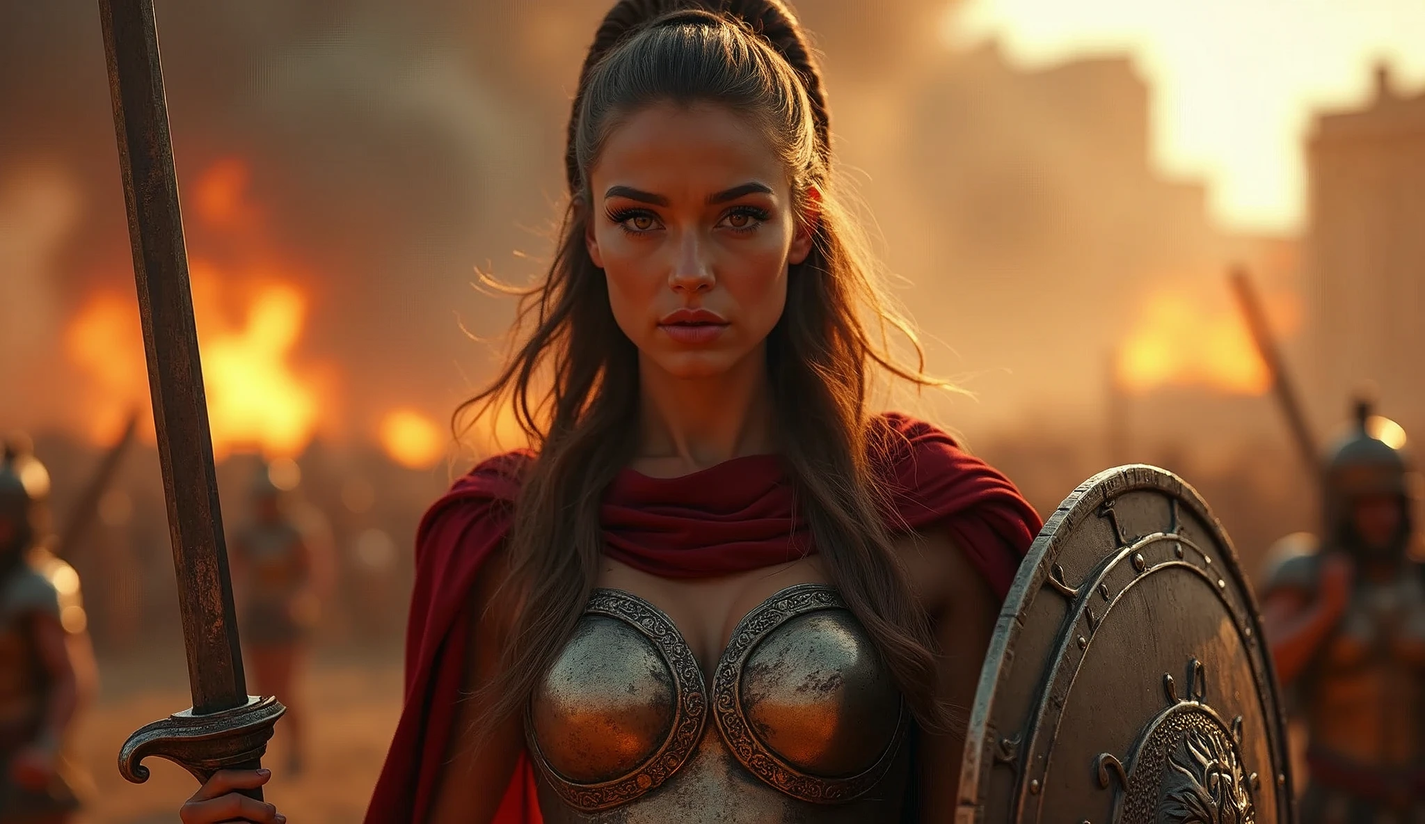 a gorgeous 23-year-old Spartan warrior woman,extremely detailed face and body,beautiful detailed eyes,beautiful detailed lips,longeyelashes,intricate armor,sword in hand,shield in hand. greek city in flames,pillaging and destruction,dramatic lighting,cinematic composition,ultra-realistic,8k,highres,masterpiece,photo-realistic