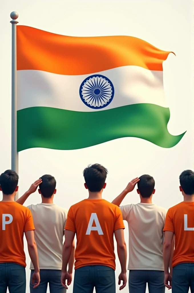 Men saluting the Indian flag from the front view, wearing 'PAL' t-shirts with 'P' in orange, 'A' in white, and 'L' in green. At the top left corner of the image, the text reads '78th Happy Independence Day.'"