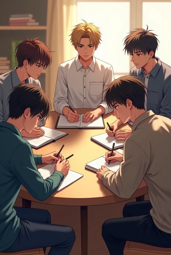 boys study group, reading on table
more attactive