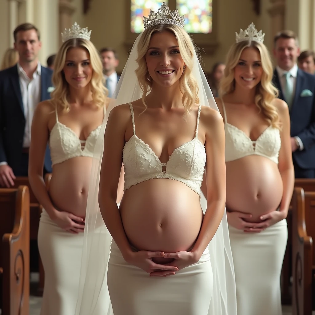 At the church、Wearing a tiara、Wearing a thin wedding dress、With ????????????、Three blonde, white pregnant women with large bellies measuring 500cm are showing their ???????.
