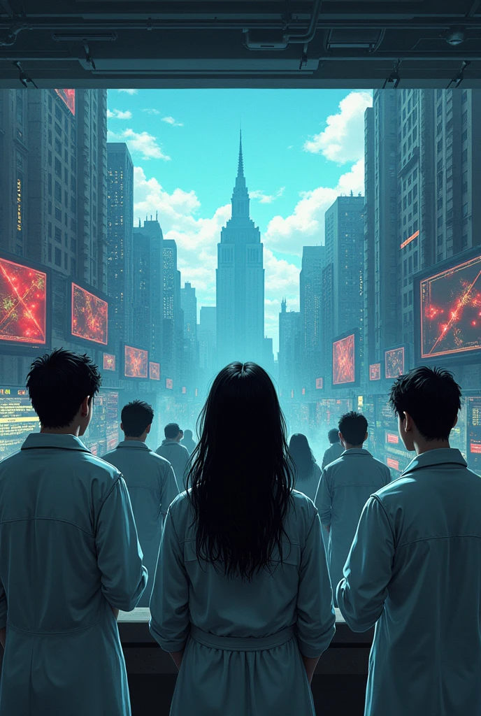Make the image look like a video game.
Description: group of scientists looking very worried and with their backs turned to a woman with loose black hair below her shoulders, and two lab. They see quantum computers and , something goes wrong. The screen flickers and begins to show images from the Middle Ages superimposed on the modern city.. Nexus loses control, and the laboratory is absorbed by the distortion.
Dialogue: "Something went wrong! Nexus is not responding… It is merging realities!"