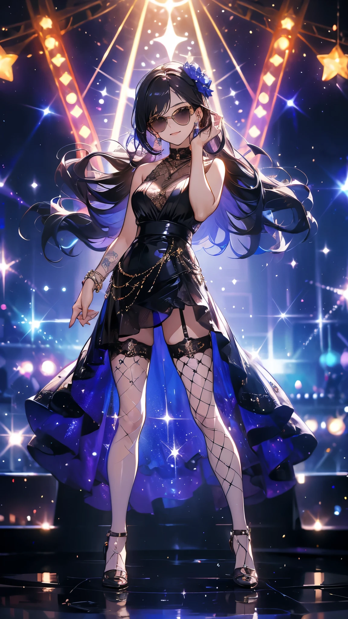 ((masterpiece， best quality))，Idol singer，Shining stage background，sunglasses，Delicate face，Smile，whole body，Perfect body proportions，Sparkling eyes，sexly，Tattoo，Extremely beautiful，transparent，High heel，Fishnet stockings，Starlight decoration